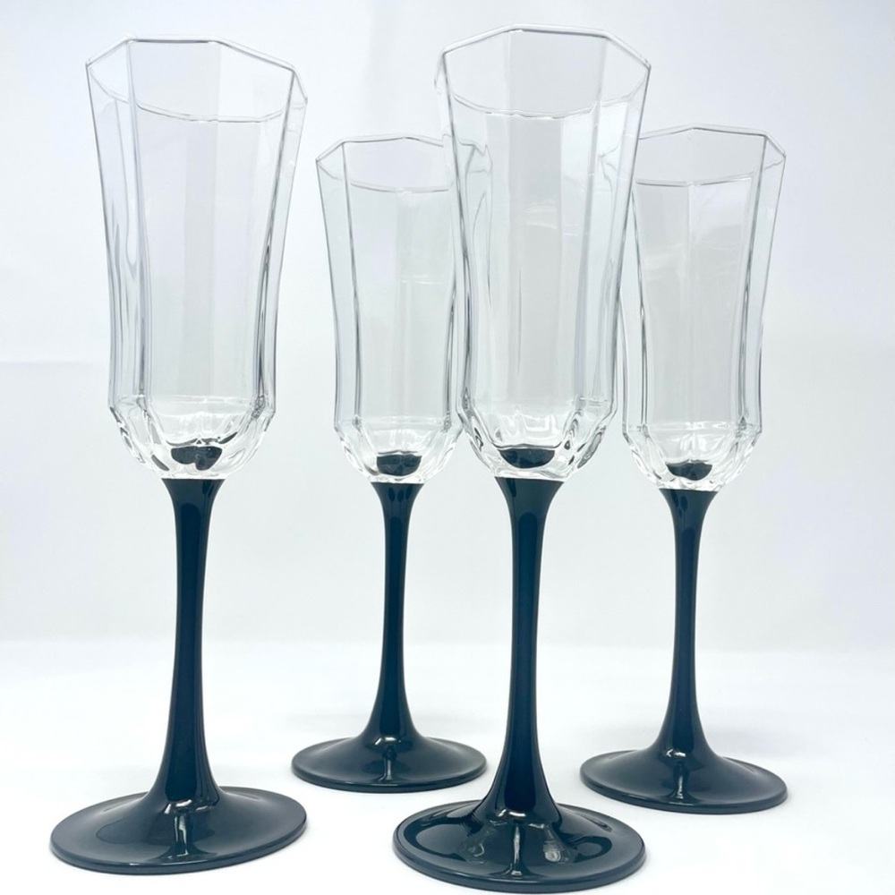 Vintage Luminarc France Octime Black Stem Champagne Flute Glasses French Barware
